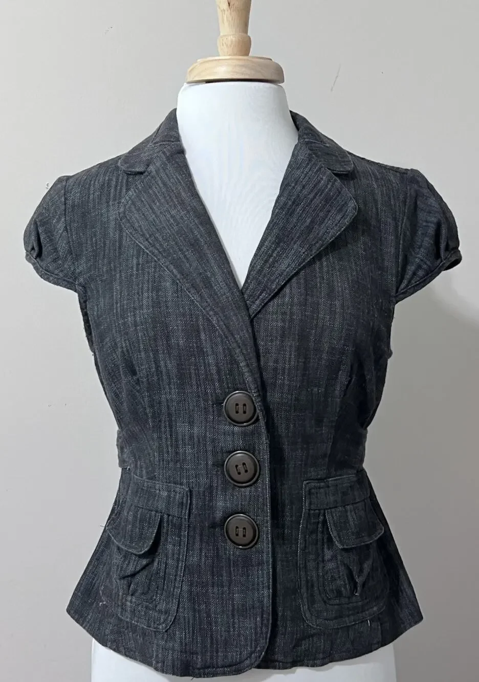 D.F.A New York Y2K Denim Blazer Top Womens M Stretch Cap Sleeve Dark Academia